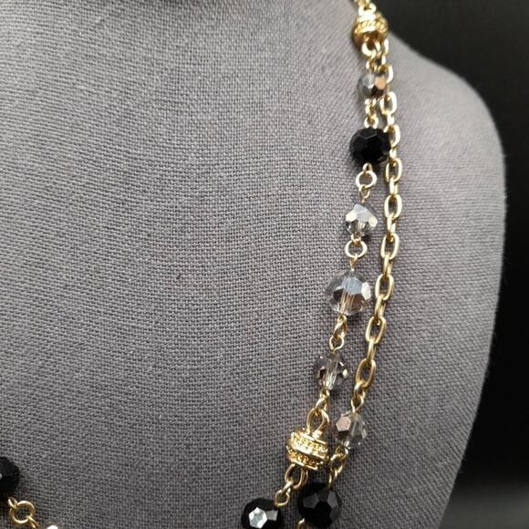 Vintage Long Black Smoky Crystal Necklace, 44 Inch, Gold Tone Chain Spacer Beads - Picture 8 of 11